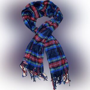 Hollister Madras Plaid Acrylic Fringe Scarf Navy Blue Red Green White